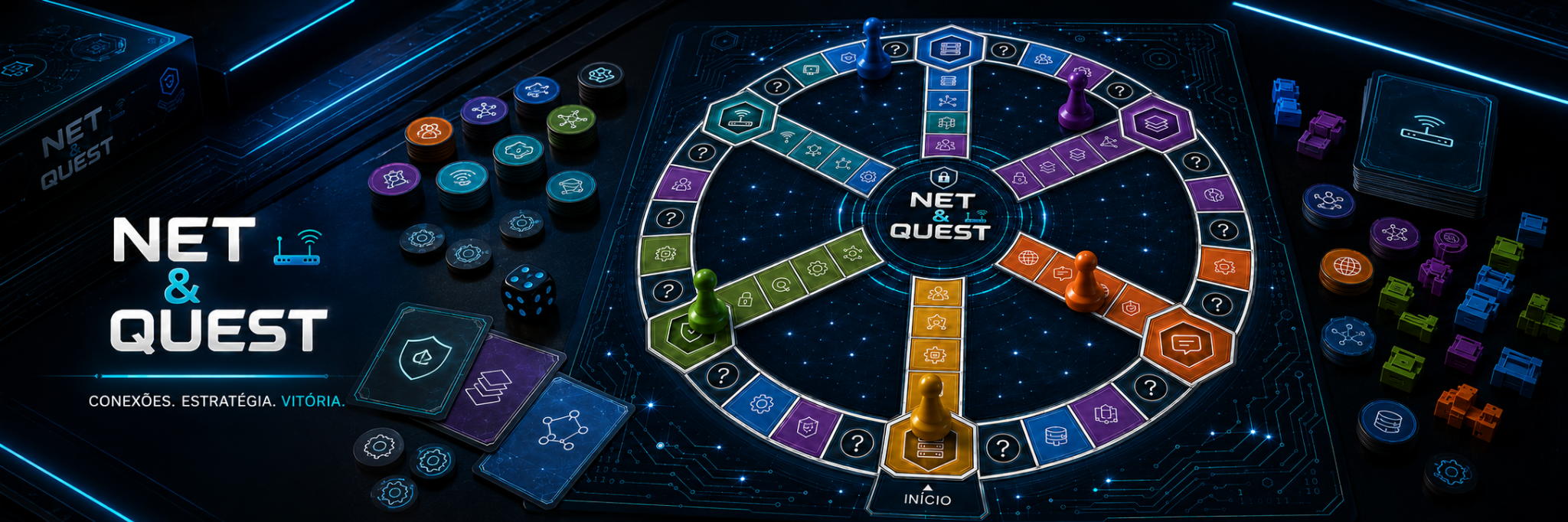 Vista geral do tabuleiro NET & QUEST com componentes