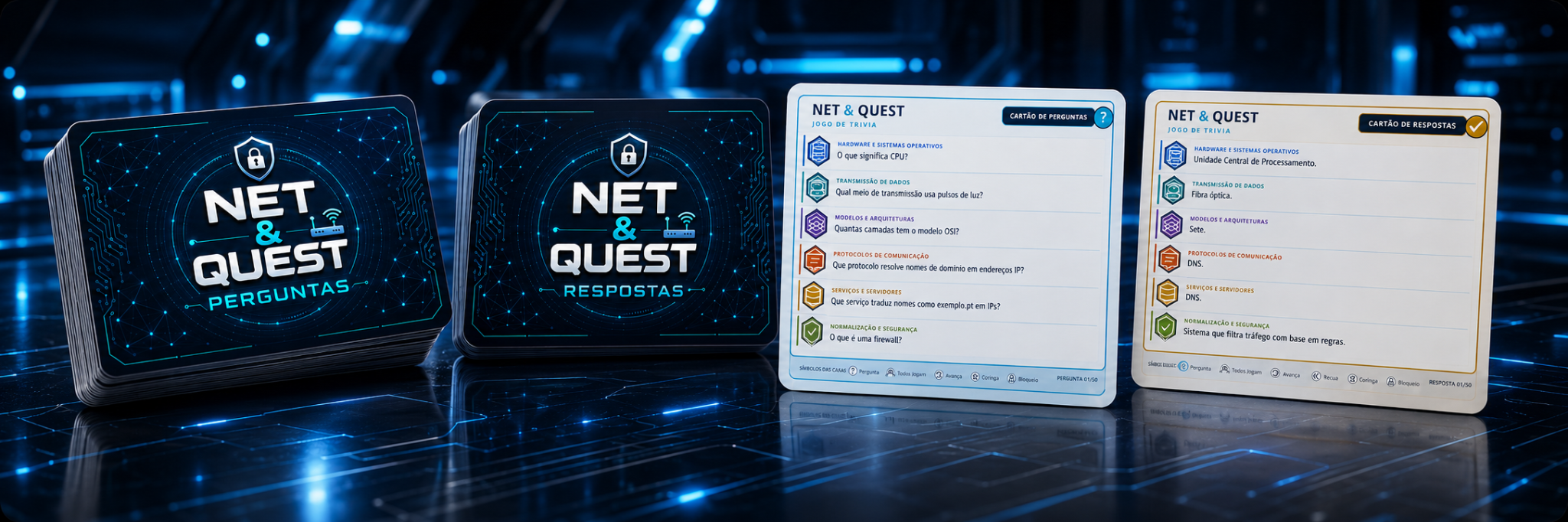 Cartas de perguntas e respostas do jogo NET & QUEST